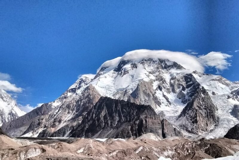 Broad Peak under a clear sky above the moraine