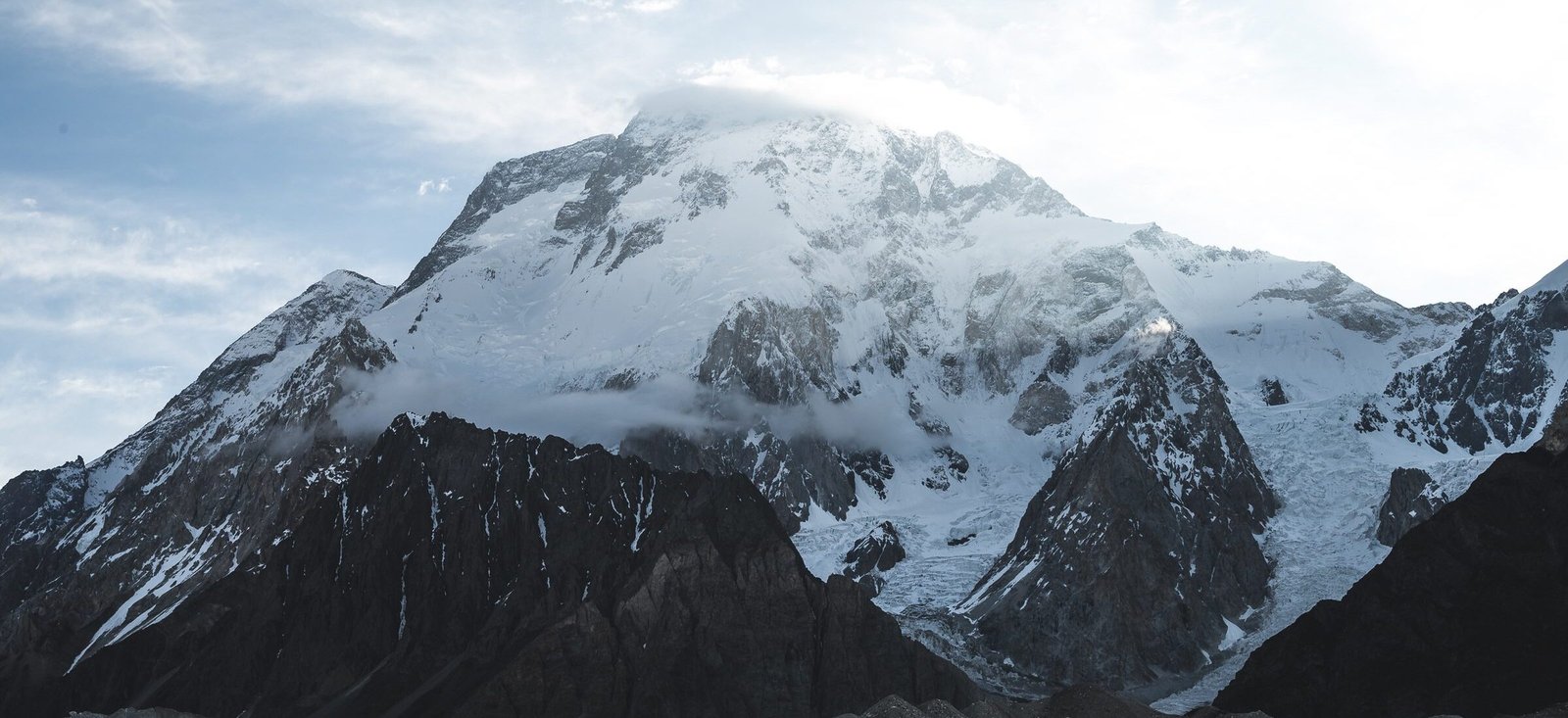 Broad Peak and its neighbouring faces above the glacier, seen from the Baltoro approach